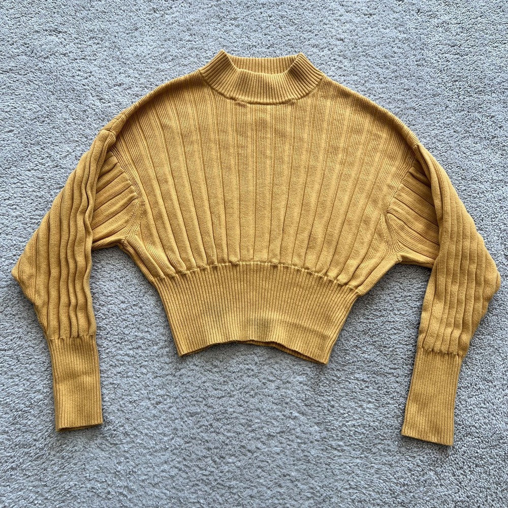Wilfred Ribbed Mock Neck Sweater Womens S Yellow Dolman Cropped Knit Merino Wool